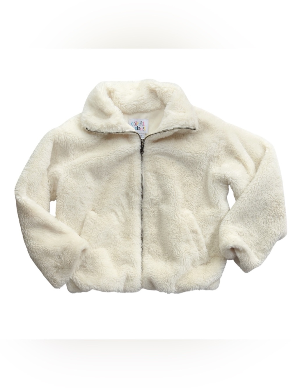 Colorful Planet Girls Small 6/6X Ivory White Faux Fur Zip-Up Jacket